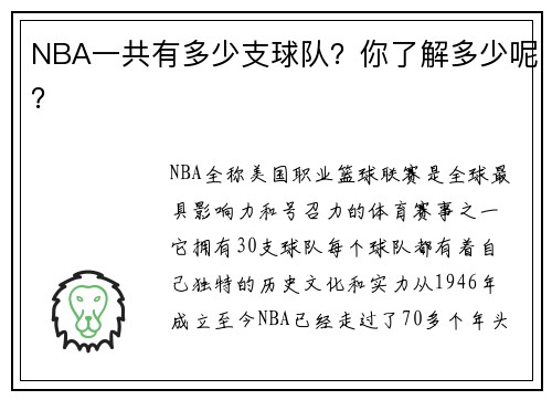 NBA一共有多少支球队？你了解多少呢？